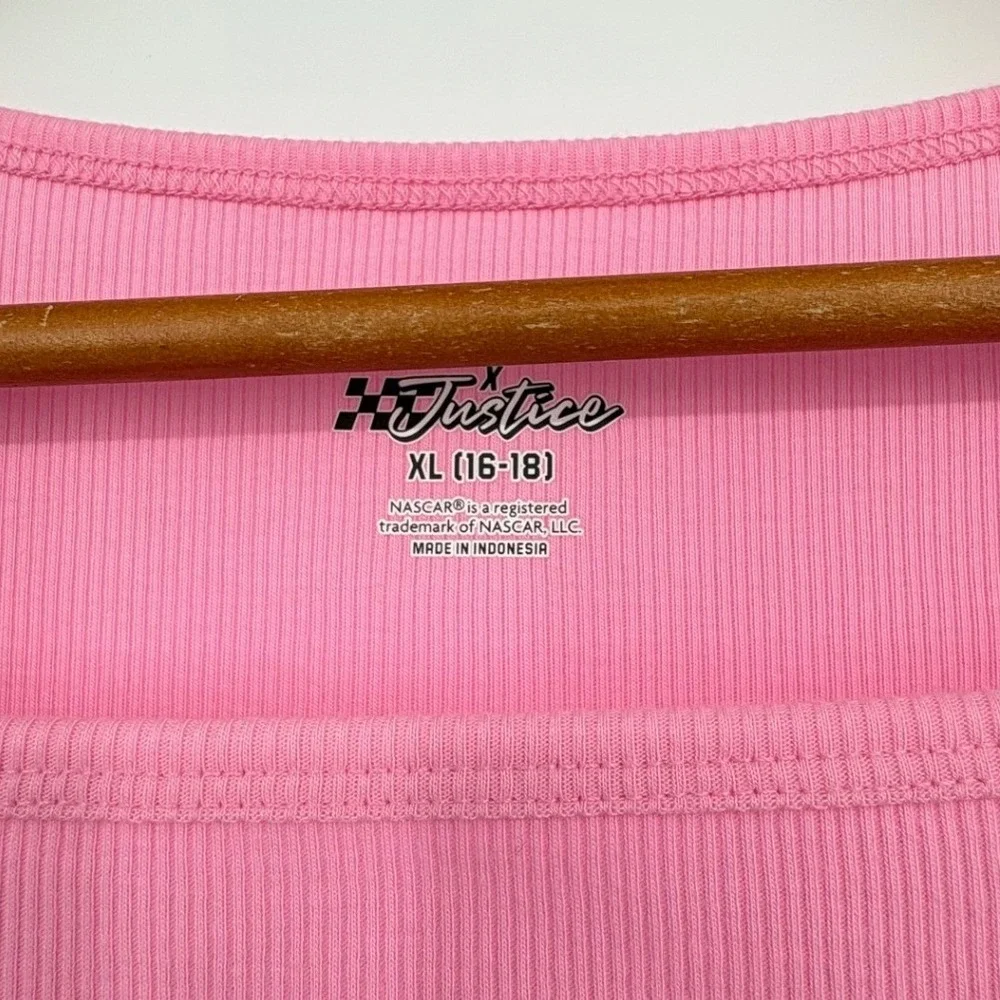 Justice NASCAR Top Girls XL 16-18 Pink Ribbed Cinched Side Square Neck NEW